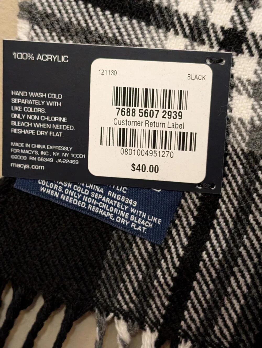 NWT John Ashford Plaid Scarf Black White plaid Fringe Winter Tartan Heritage